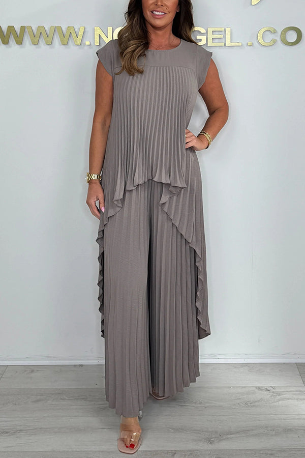 🔥Laney Pleated Short Sleeve Irregular Midi Top and Elastic Waist Wide Leg Pants Set✨