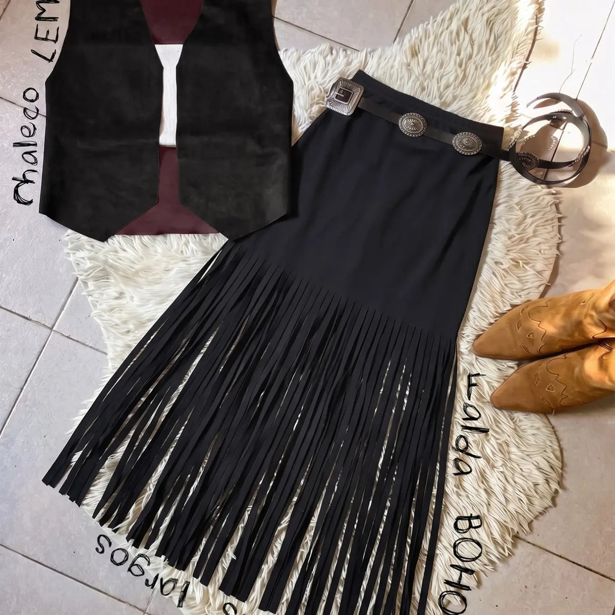 Women's Fringe Skirt - Black Polyester Elastane