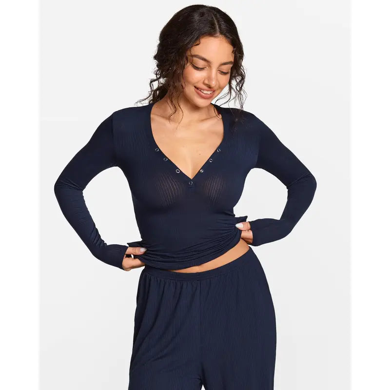 Modal Ribbed Henley Long Sleeve Shirt for Women