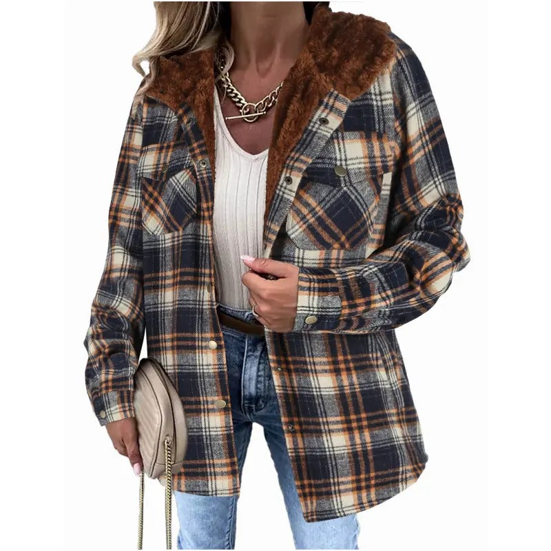 Women's Plaid Sherpa Shacket Jacket Hooded Fleece