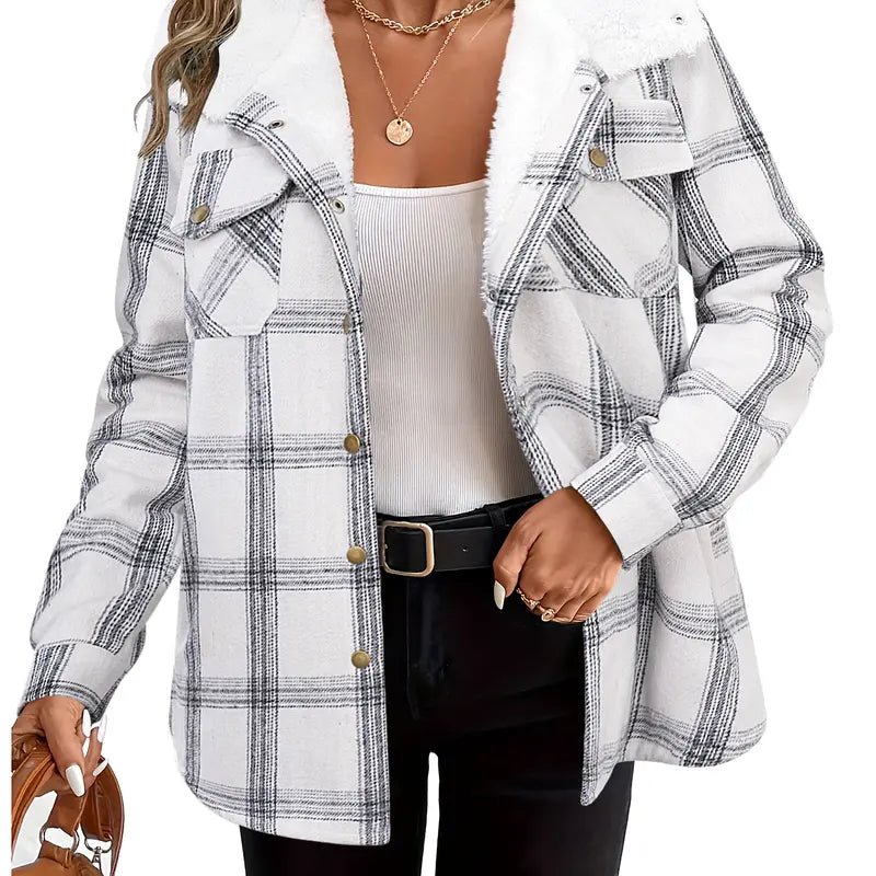 Women's Plaid Sherpa Shacket Jacket Hooded Fleece