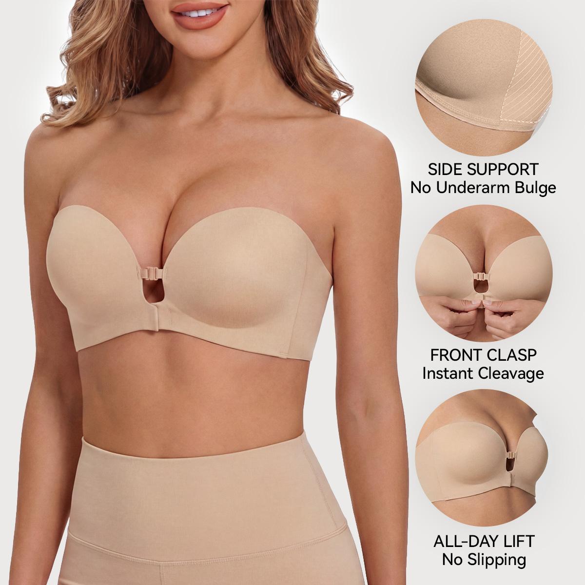 Womens Strapless Front Closure Bra Push Up Lift Bra Padded Add Cup