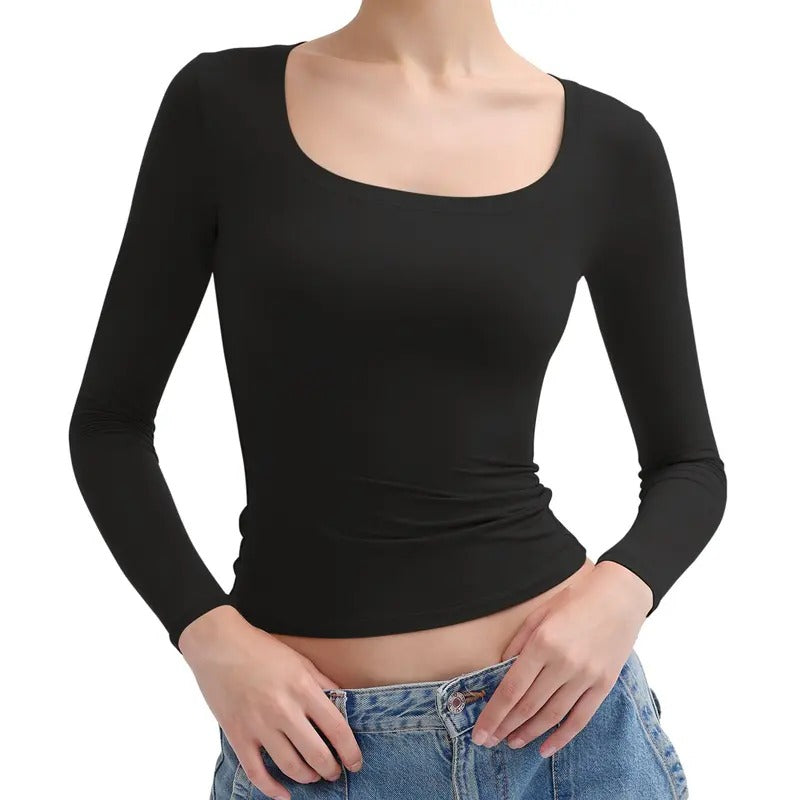 Double Layer Scoop Neck Long Sleeve Top