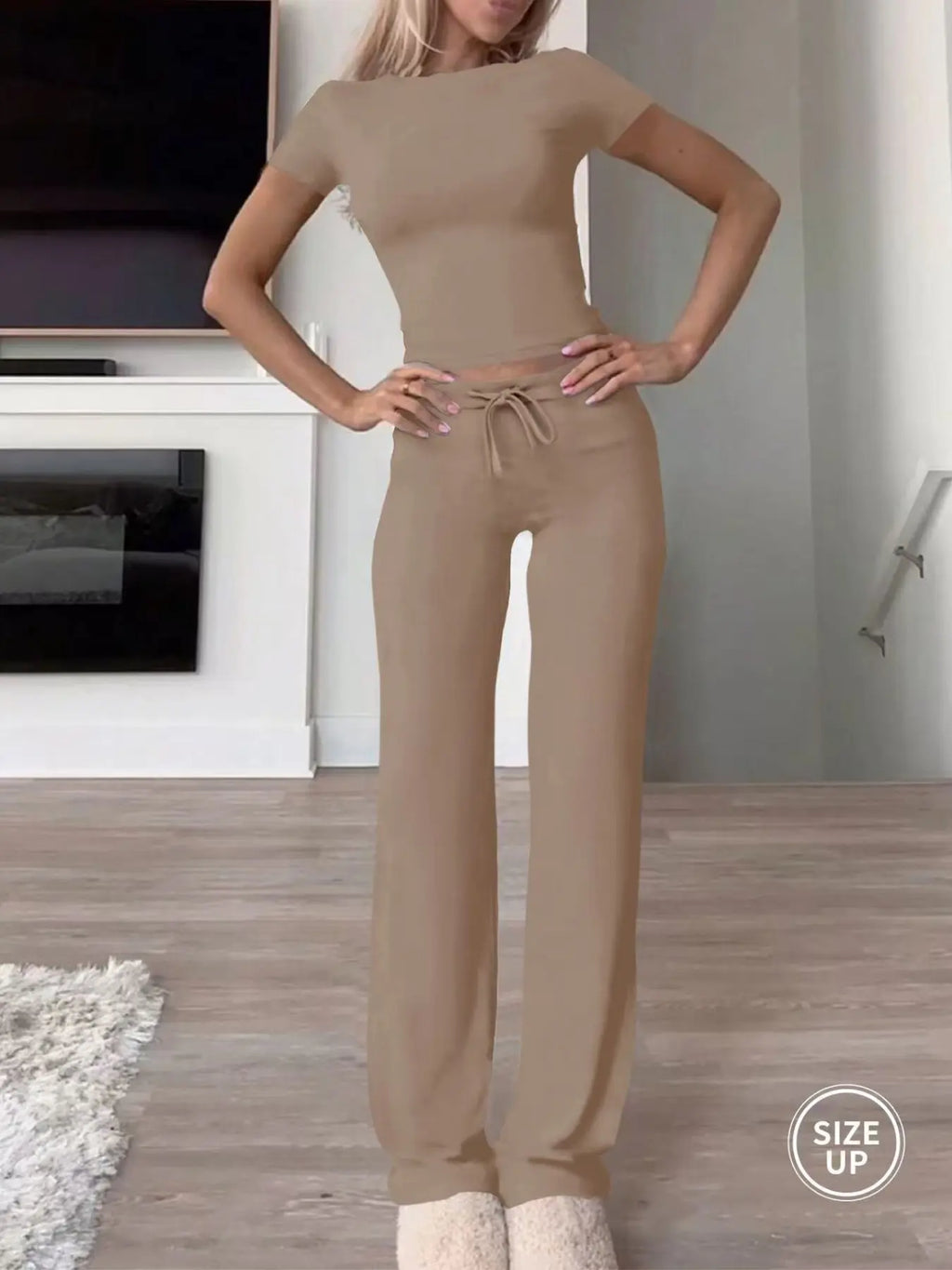 Women's Plain Crop Tee & Drawstring Pants Lounge Set