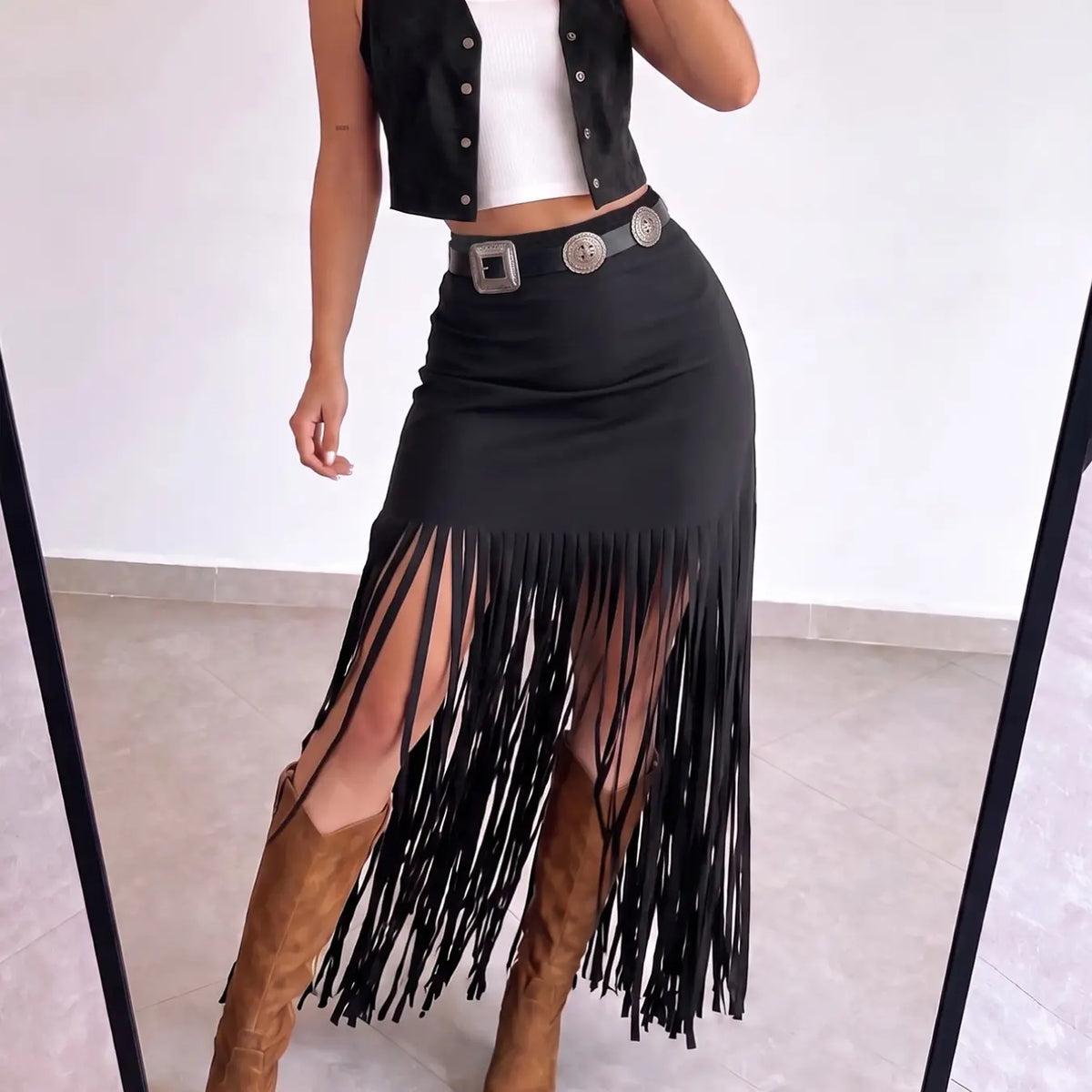 Women's Fringe Skirt - Black Polyester Elastane