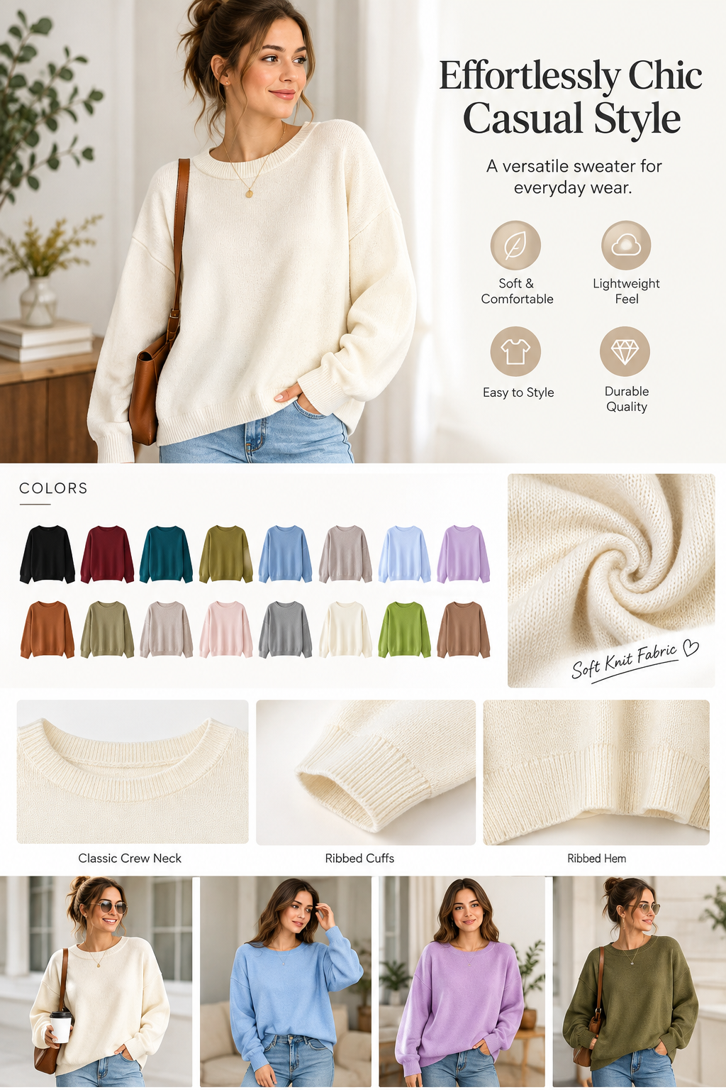 Women's Plain Scoop Neck Sweater Casual Long Sleeve Knit Top for Fall & Winter