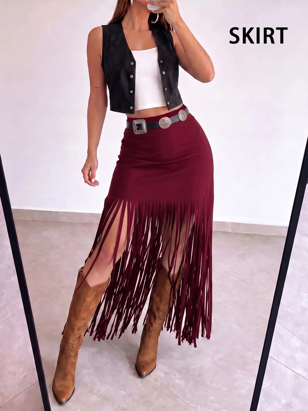 Women's Fringe Skirt - Black Polyester Elastane