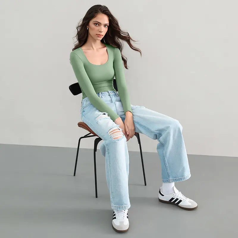 Double Layer Scoop Neck Long Sleeve Top