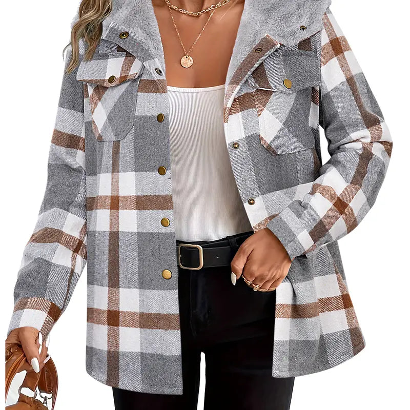 Women's Plaid Sherpa Shacket Jacket Hooded Fleece
