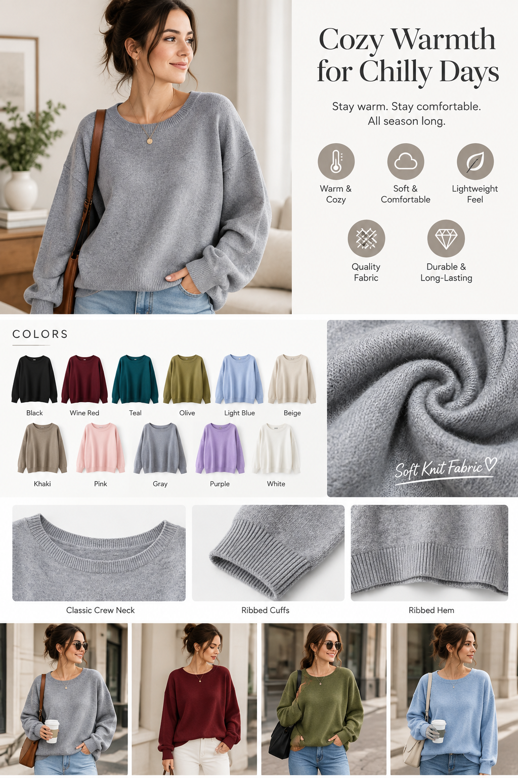 Women's Plain Scoop Neck Sweater Casual Long Sleeve Knit Top for Fall & Winter