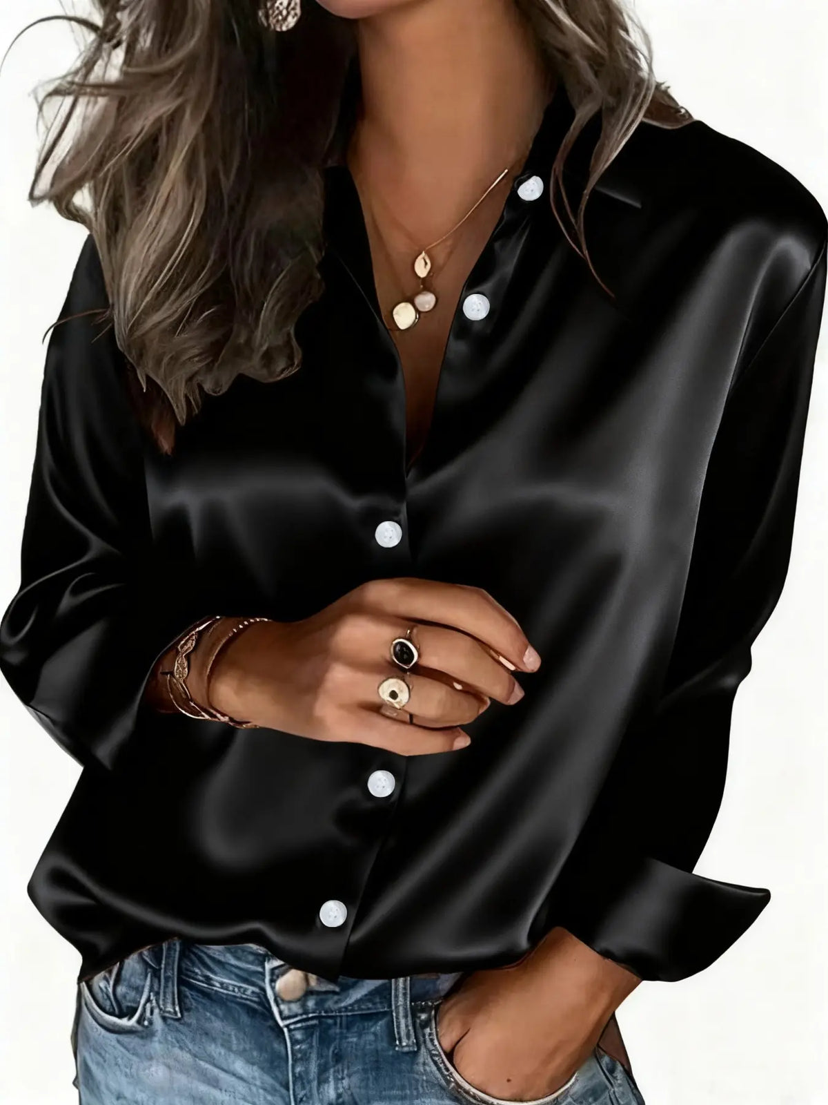 Women's Satin Button-Down Shirt All Seasons Casual Blouse