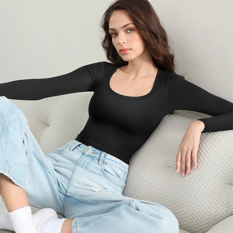 Double Layer Scoop Neck Long Sleeve Top
