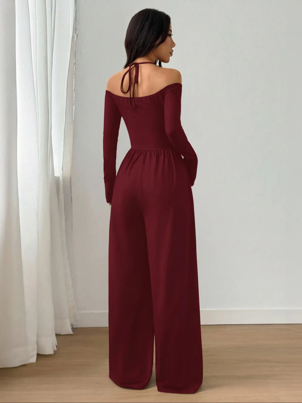 Women's Casual Knit Wide Leg Jumpsuit with Halter Neck - Solid Colors