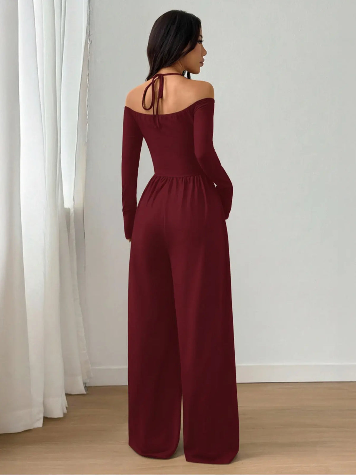 Women's Casual Knit Wide Leg Jumpsuit with Halter Neck - Solid Colors