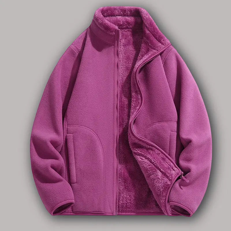 Women’s loose, close-fitting fleece zip jacket, casual warm stand-collar outerwear with deep pockets, suitable for autumn and winter