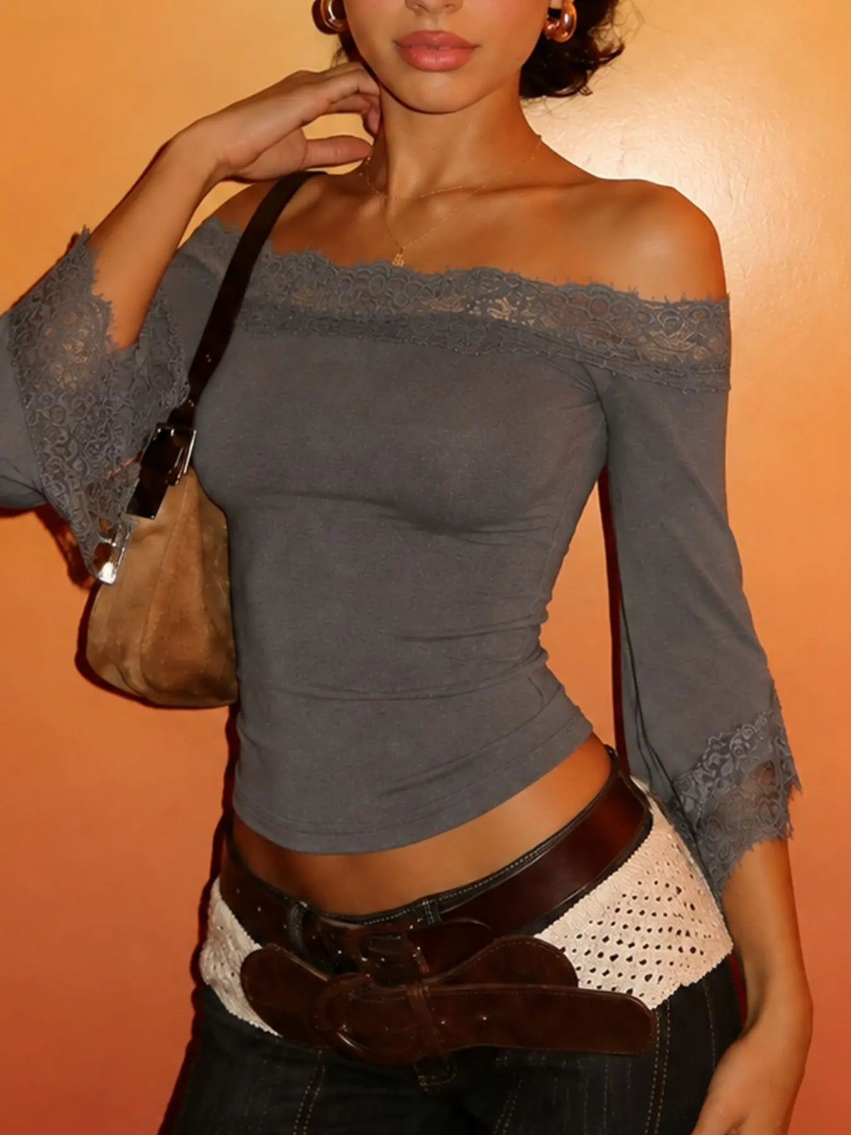 Lace Panel Off-Shoulder Flare Sleeve Black Top