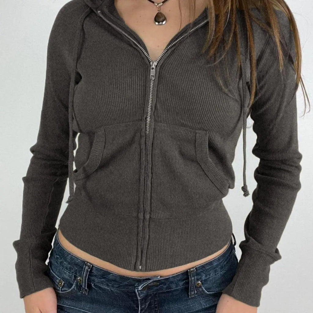 Women's Ribbed Knit Zip Up Hoodie with Pockets