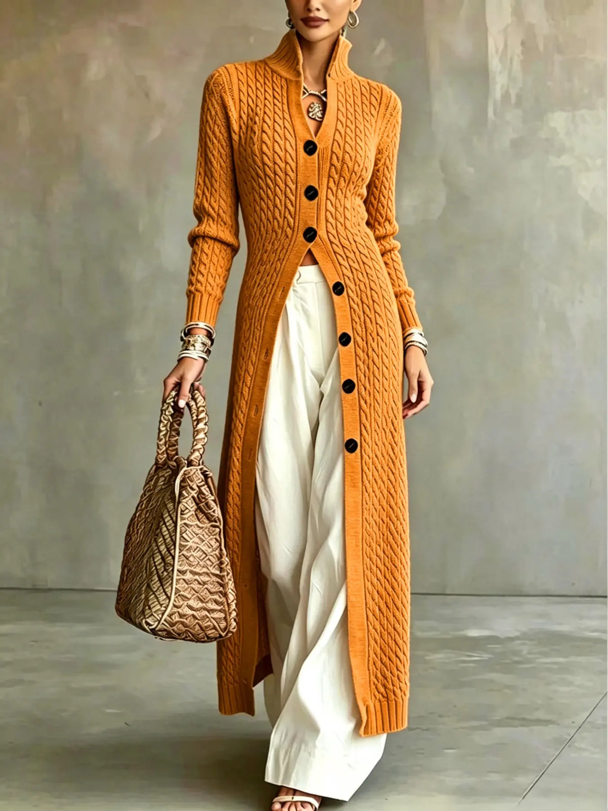 Women's Cable Knit Long Cardigan Slim Fit Acrylic Apricot Outerwear