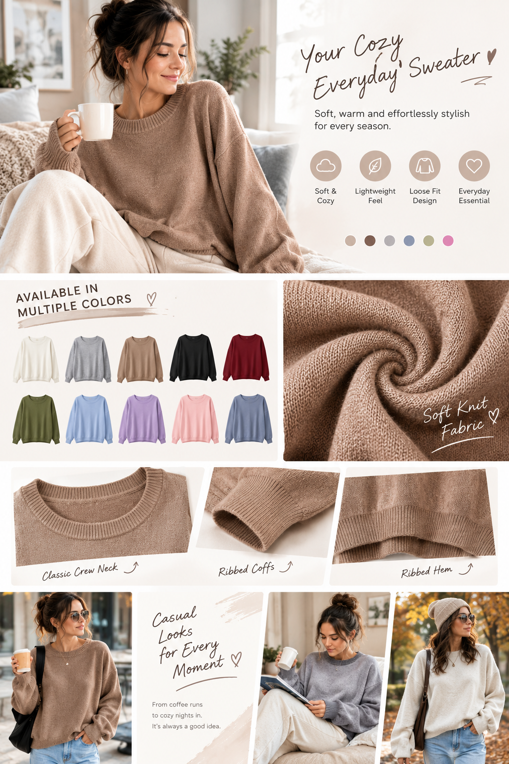 Women's Plain Scoop Neck Sweater Casual Long Sleeve Knit Top for Fall & Winter