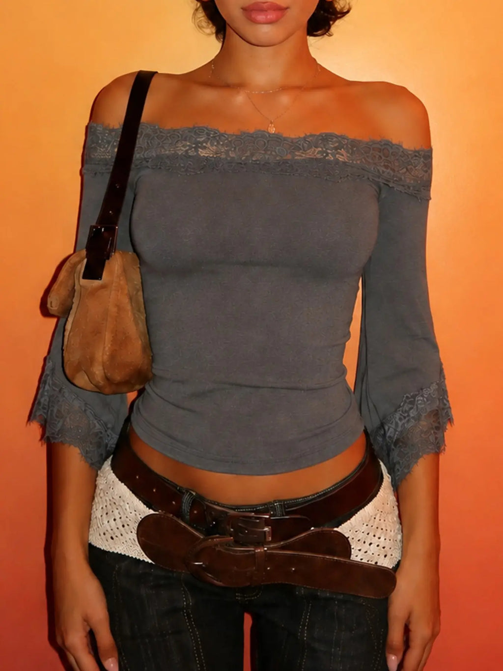 Lace Panel Off-Shoulder Flare Sleeve Black Top