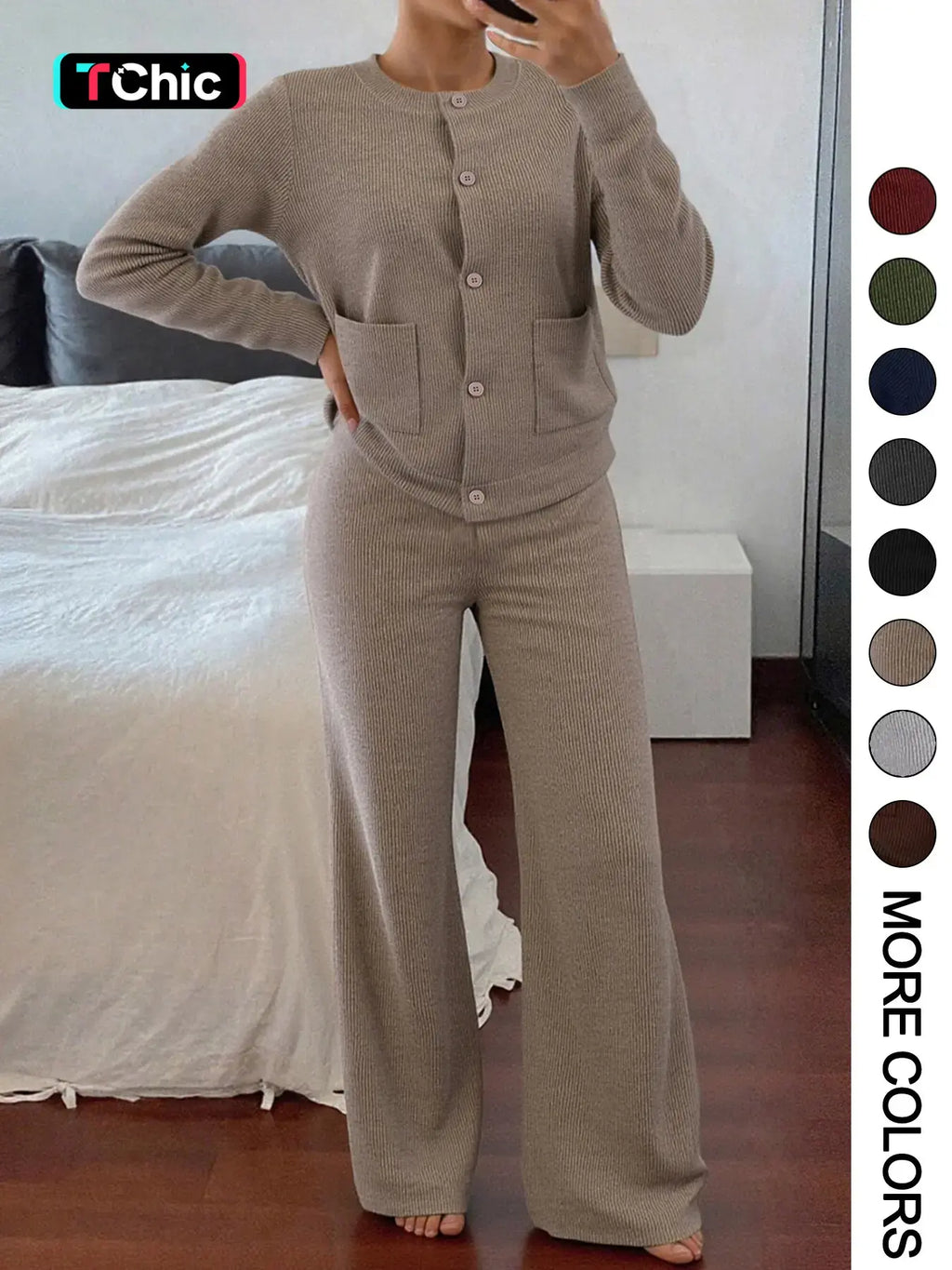 Womenswear Two-Piece Knitted Sweater Set with High Waist Pants