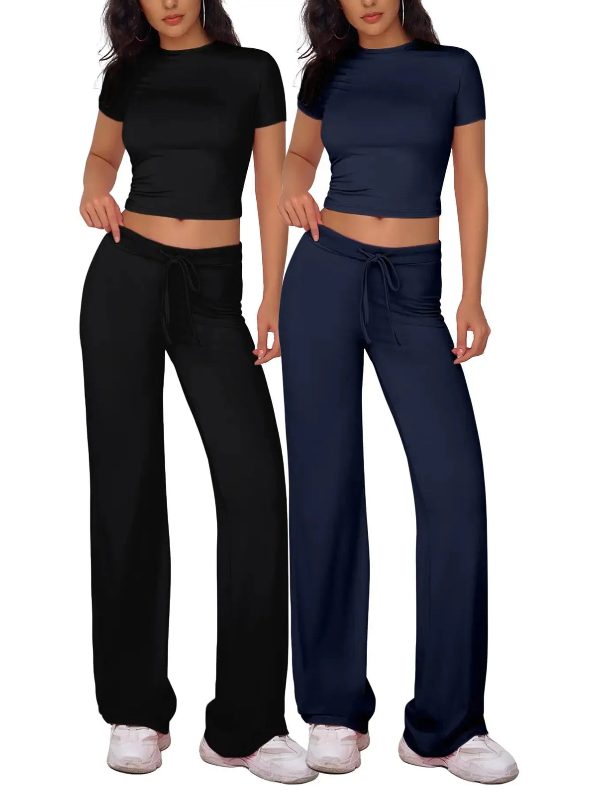 Women's Plain Crop Tee & Drawstring Pants Lounge Set