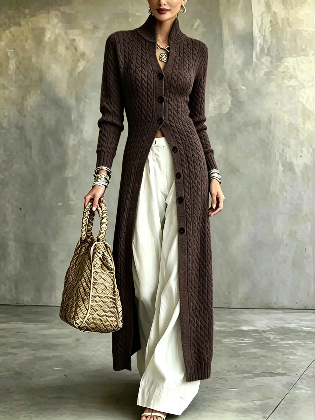 Women's Cable Knit Long Cardigan Slim Fit Acrylic Apricot Outerwear
