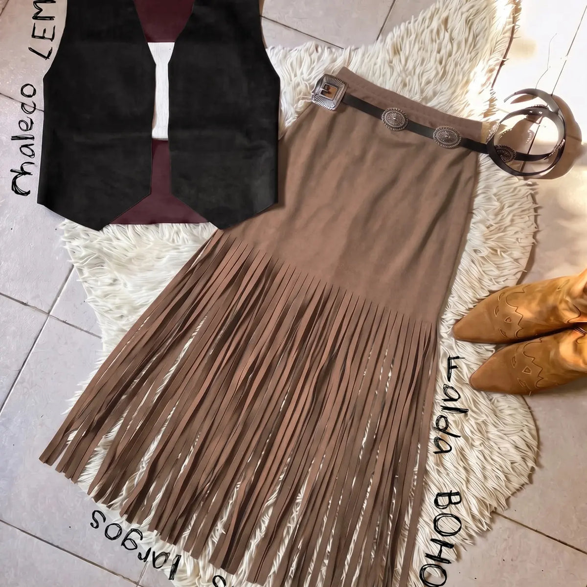 Women's Fringe Skirt - Black Polyester Elastane