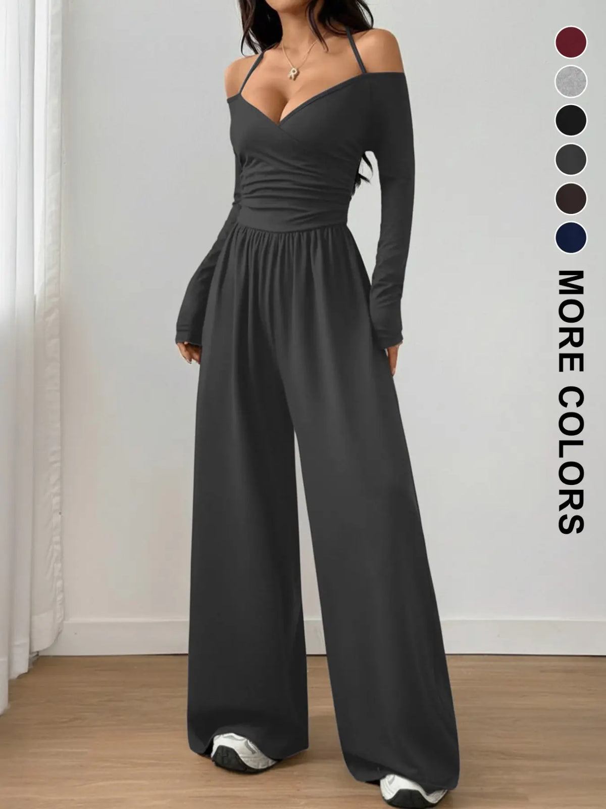 Women's Casual Knit Wide Leg Jumpsuit with Halter Neck - Solid Colors