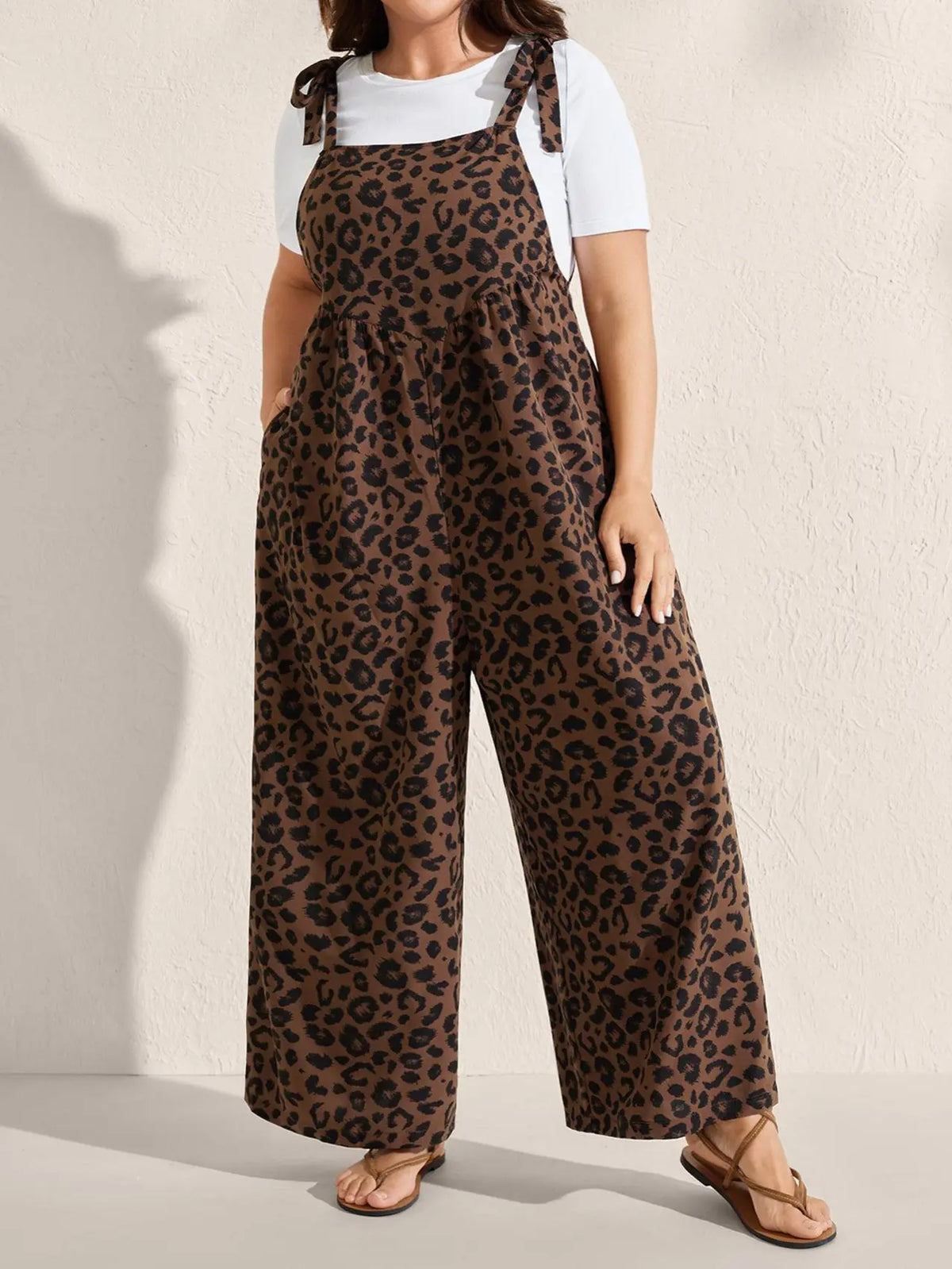 Plus Size Leopard Overalls, Sleeveless , Pockets