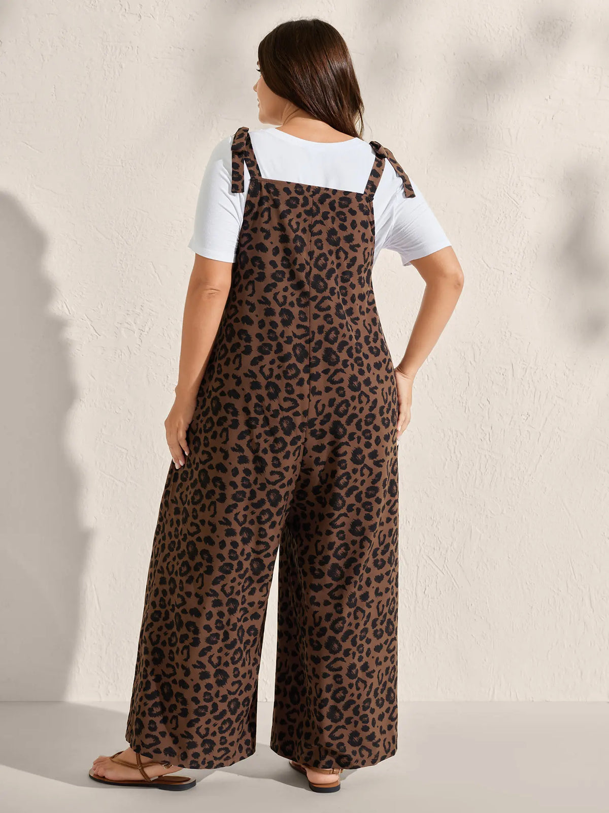 Plus Size Leopard Overalls, Sleeveless , Pockets