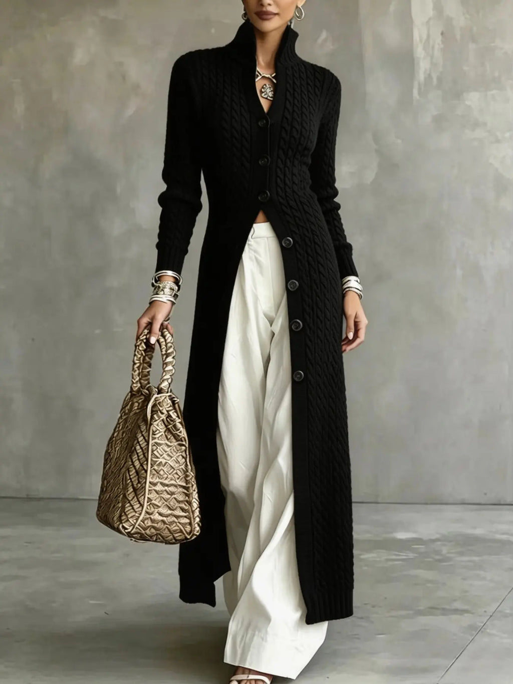 Women's Cable Knit Long Cardigan Slim Fit Acrylic Apricot Outerwear