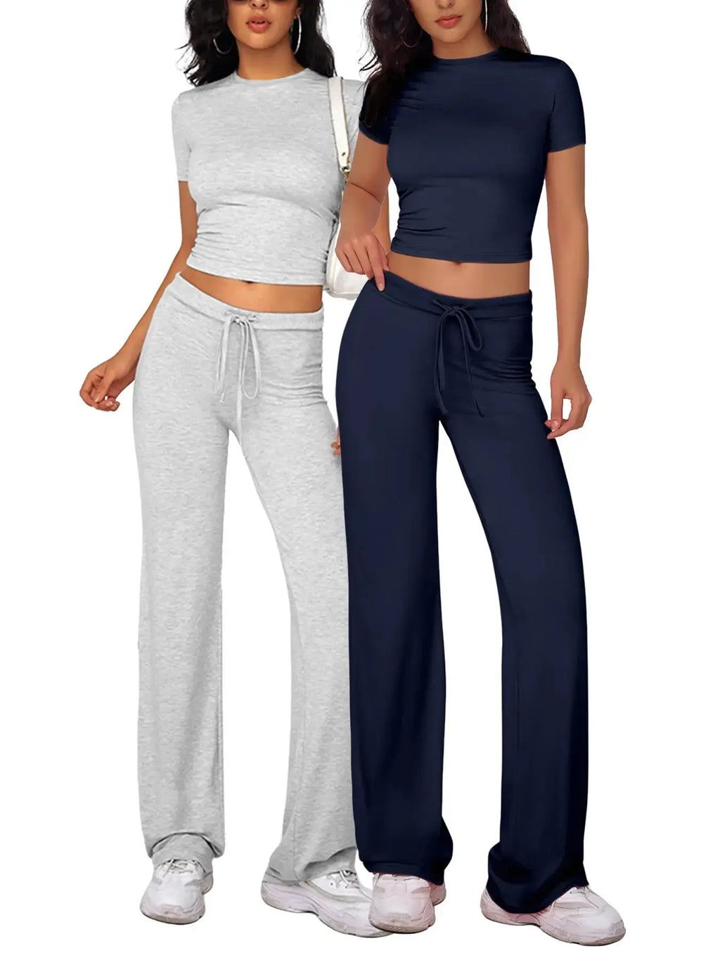 Women's Plain Crop Tee & Drawstring Pants Lounge Set