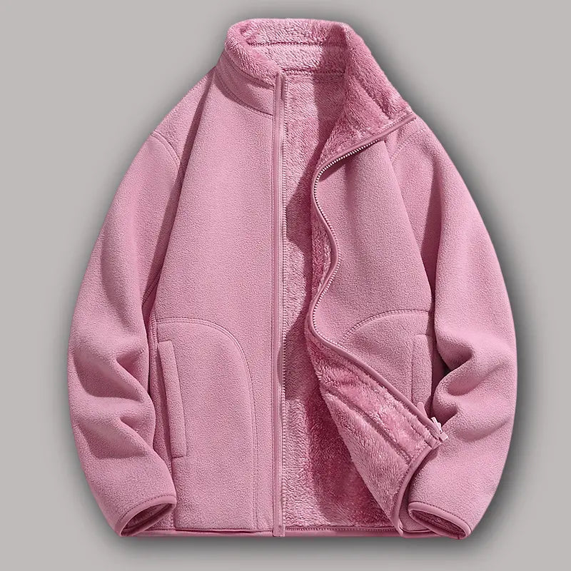 Women’s loose, close-fitting fleece zip jacket, casual warm stand-collar outerwear with deep pockets, suitable for autumn and winter