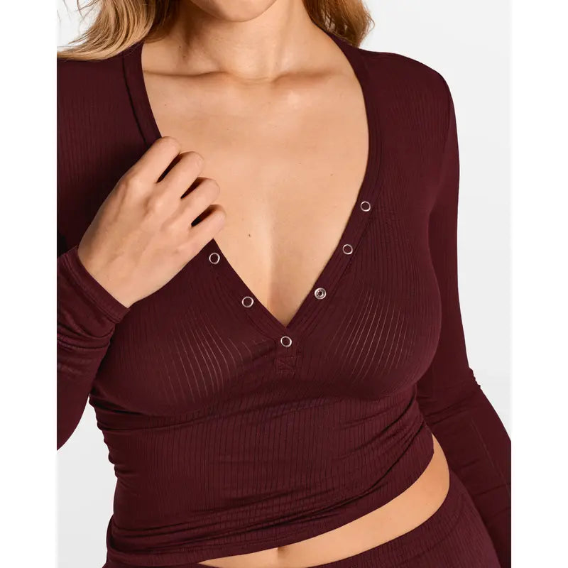 Modal Ribbed Henley Long Sleeve Shirt for Women