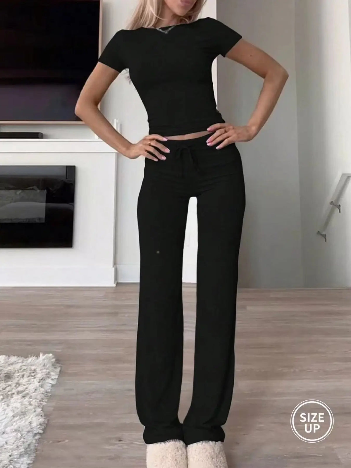Women's Plain Crop Tee & Drawstring Pants Lounge Set