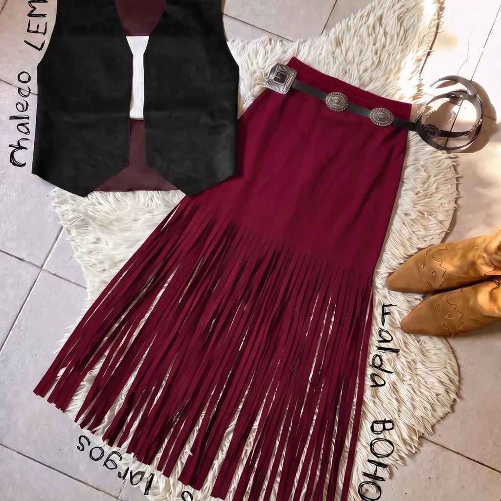 Women's Fringe Skirt - Black Polyester Elastane