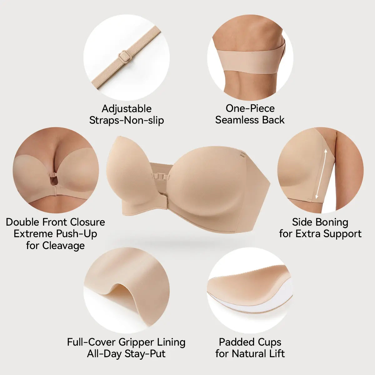 Womens Strapless Front Closure Bra Push Up Lift Bra Padded Add Cup