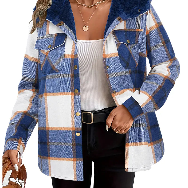 Women's Plaid Sherpa Shacket Jacket Hooded Fleece