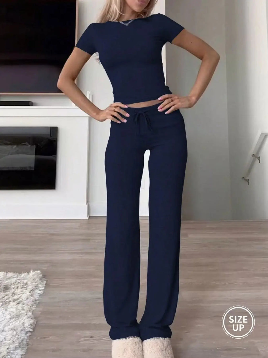 Women's Plain Crop Tee & Drawstring Pants Lounge Set
