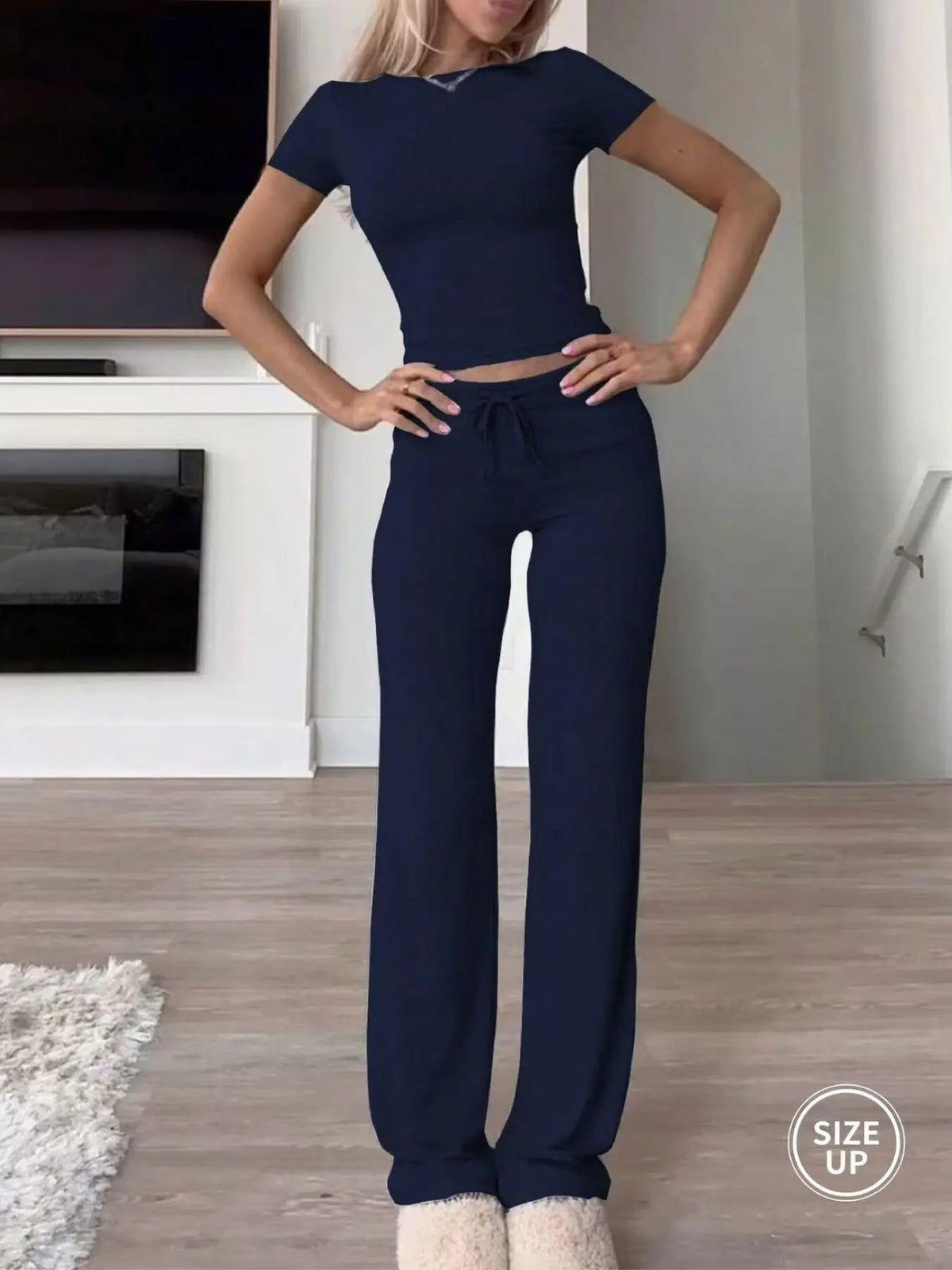 Women's Plain Crop Tee & Drawstring Pants Lounge Set