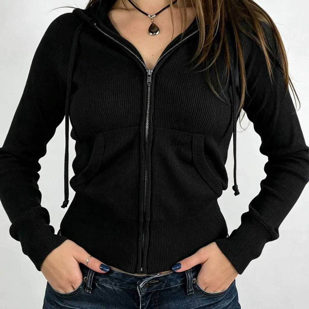 Women's Ribbed Knit Zip Up Hoodie with Pockets