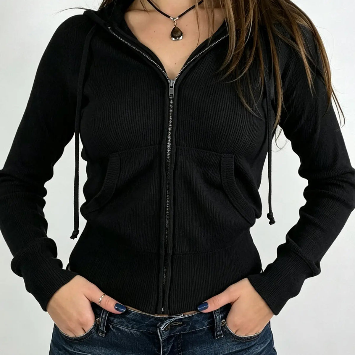 Women's Ribbed Knit Zip Up Hoodie with Pockets