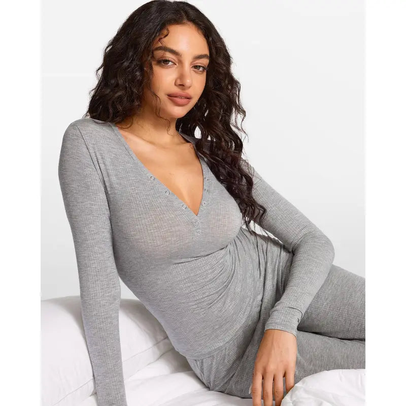 Modal Ribbed Henley Long Sleeve Shirt for Women