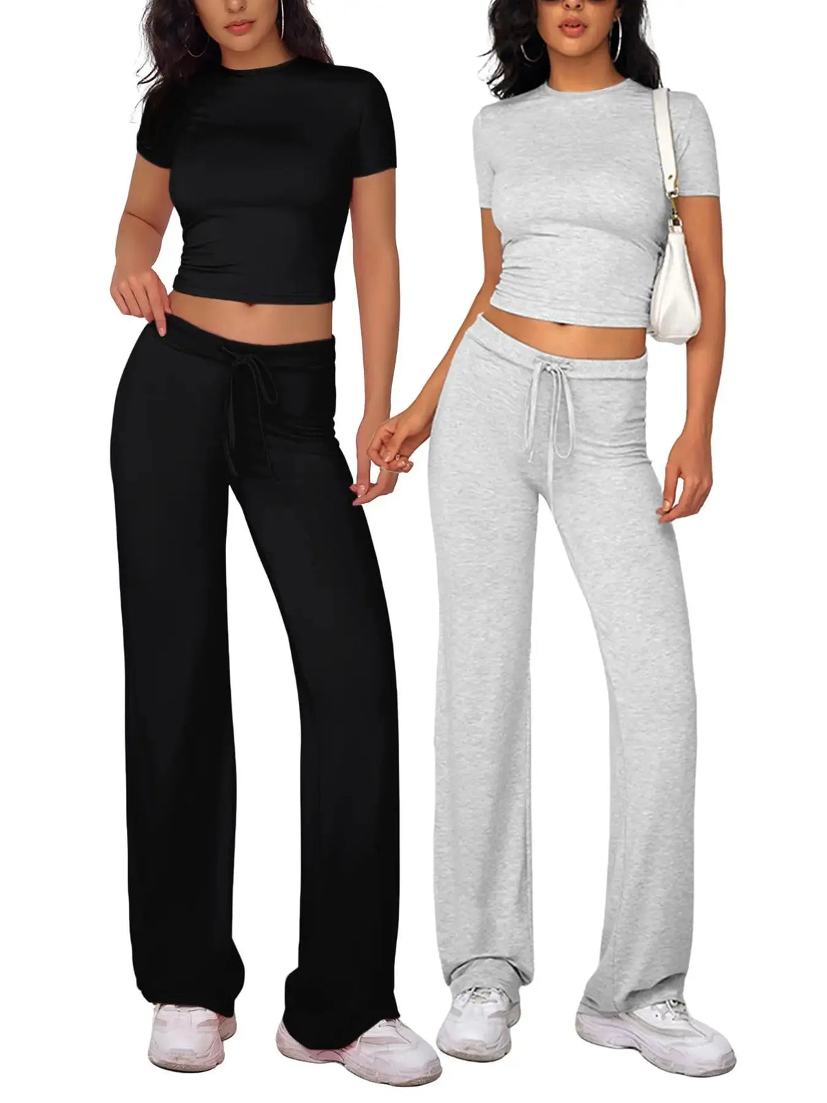 Women's Plain Crop Tee & Drawstring Pants Lounge Set