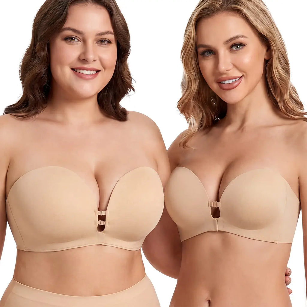 Womens Strapless Front Closure Bra Push Up Lift Bra Padded Add Cup
