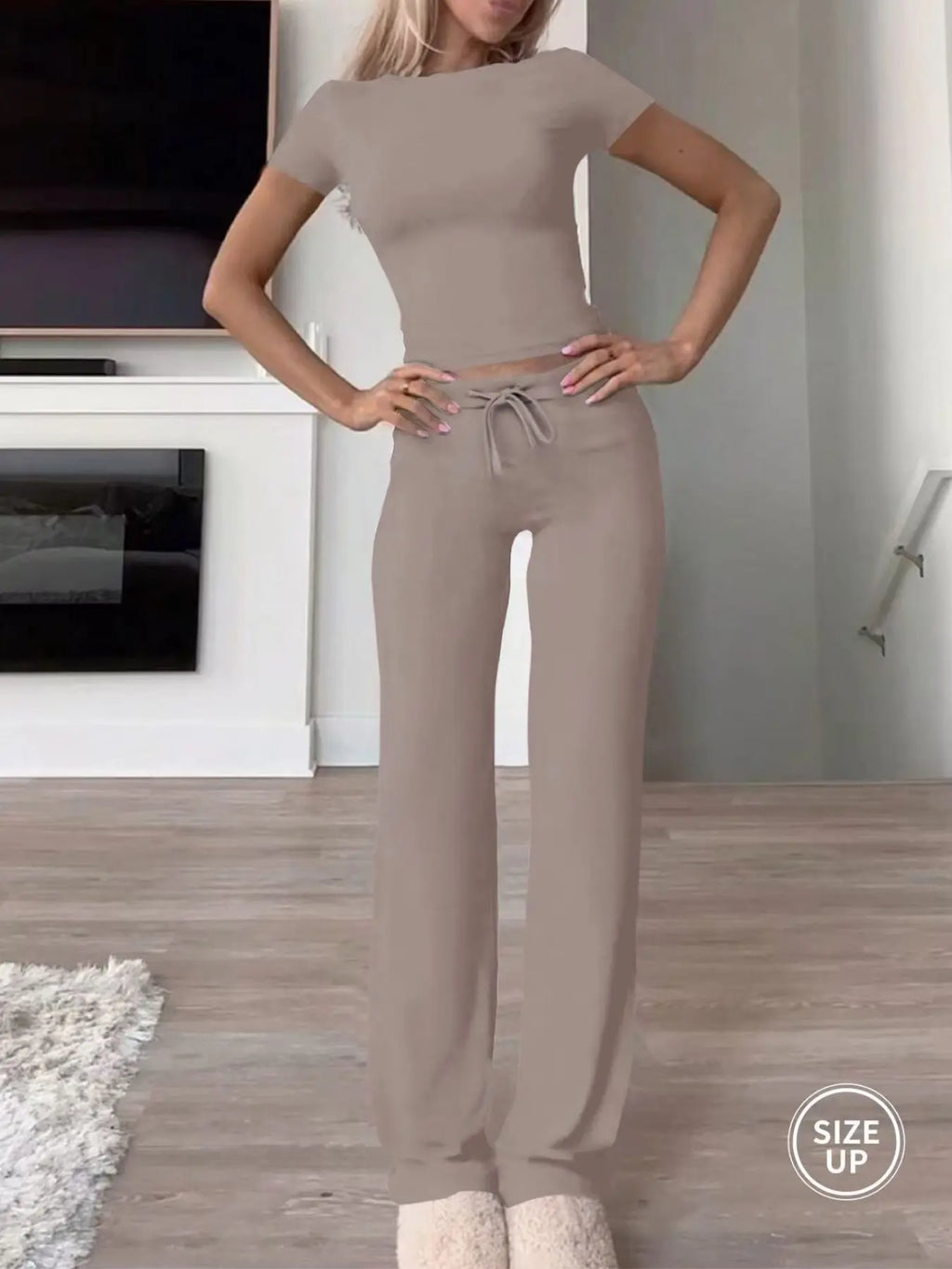 Women's Plain Crop Tee & Drawstring Pants Lounge Set