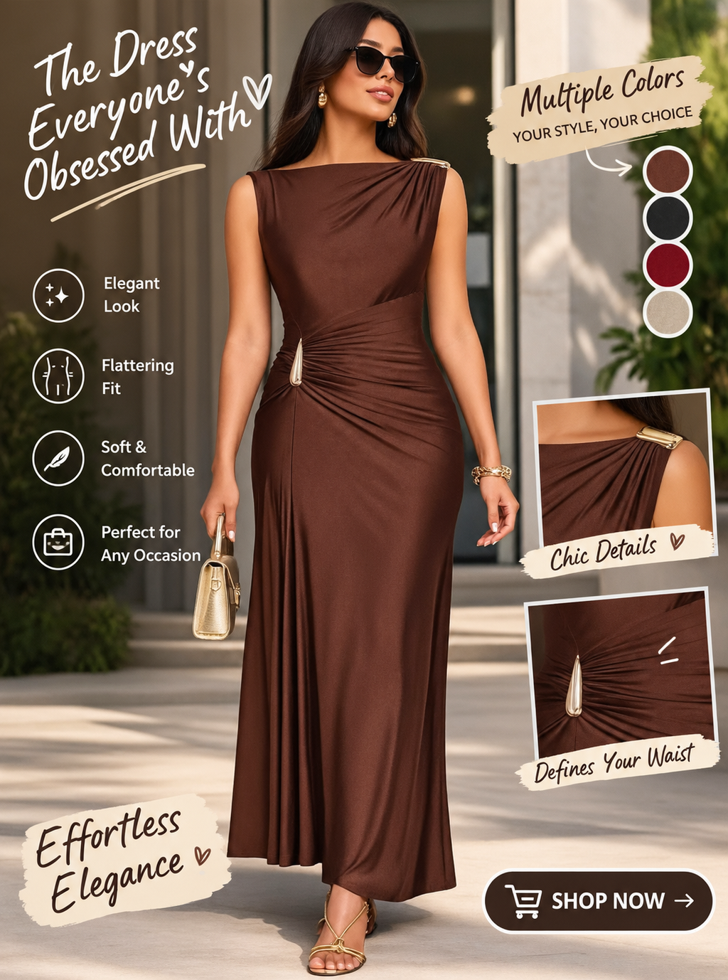 Champagne Asymmetric Metal Button Long Dress