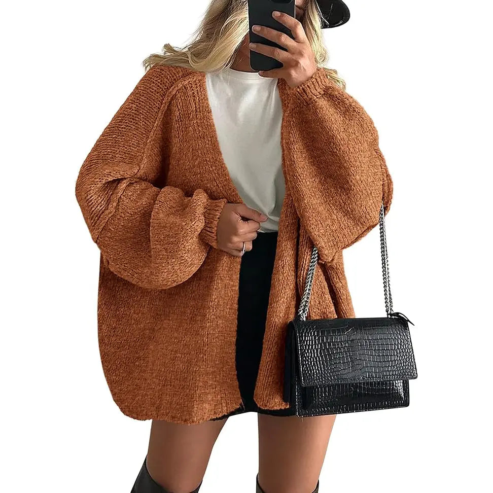 Women's Oversized Cardigan Sweater Fall Long Lantern Sleeve Knit Open Front Lightweight Sweater Knitwear Tops(Free shiping)