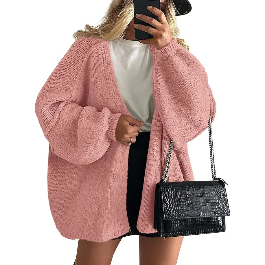 Women's Oversized Cardigan Sweater Fall Long Lantern Sleeve Knit Open Front Lightweight Sweater Knitwear Tops(Free shiping)